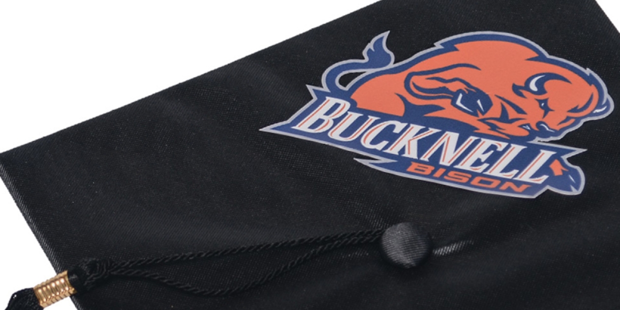 Bucknell graduation cap with Bison logo