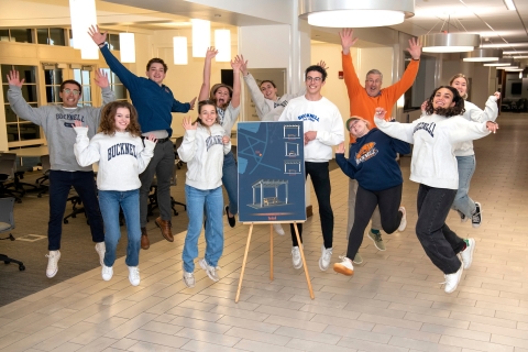Students and President Bravman jump in celebration of the Class of 2022 Senior Tribute.
