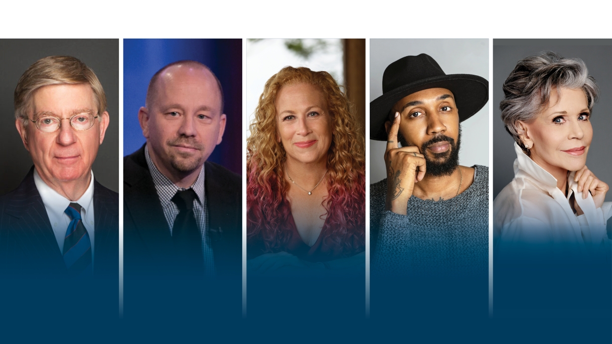 portrait photos of the Bucknell Forum speakers in a grid, from right: George Will, Jon A. Shields, Jodi Picoult, George M. Johnson and Jane Fonda