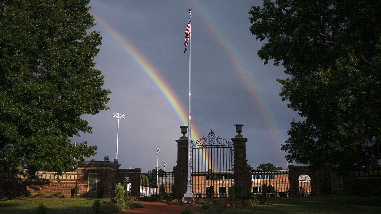 A double rainbow appears over Christy Mathewson Gates