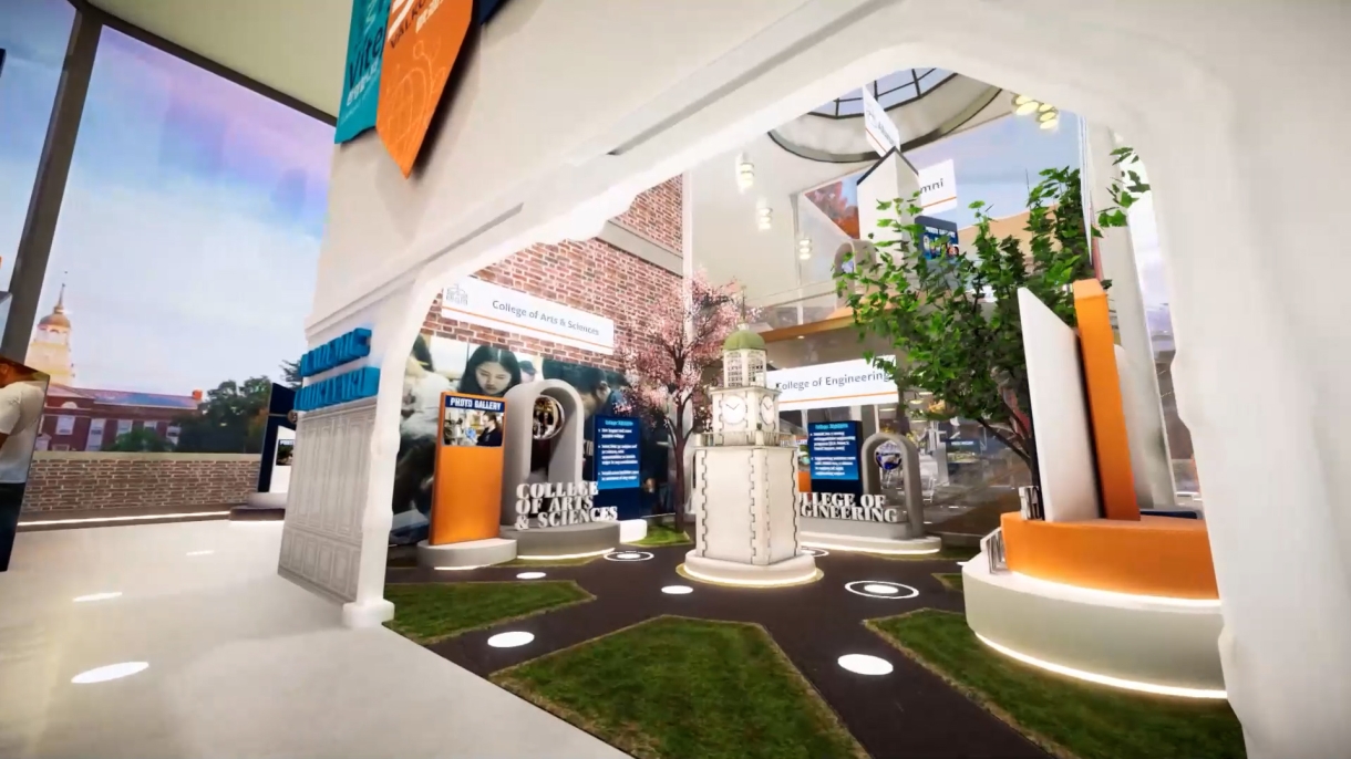 An image of a virtual courtyard inside of the Bucknell Virtual Experience