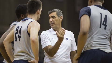 Jay Wright '83 talks to Villanova student-athletes.