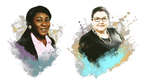 Illustrated portraits of Patience A. Osei ’14 and Dana Denick ’01