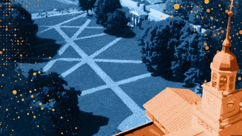 A blue and orange illustration of pathways on Malesardi Quad, with Bertrand Library in the lower right foreground.