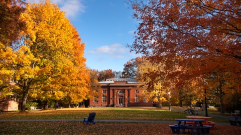 The Carnegie Building is seen across the science quad, surrounded by fall leaves