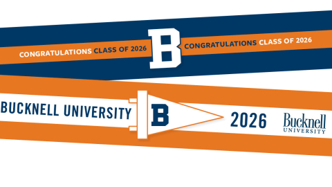Blue, orange and white drink Wrappers that say Congratulations Class of 2026 and Bucknell University 2026