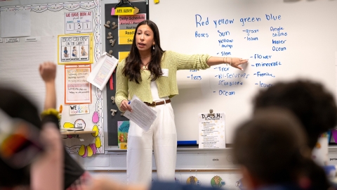 Julia Schaer ’26 stands at a white board and points at adjectives that are written on it as a classroom of younger students looks on at her.