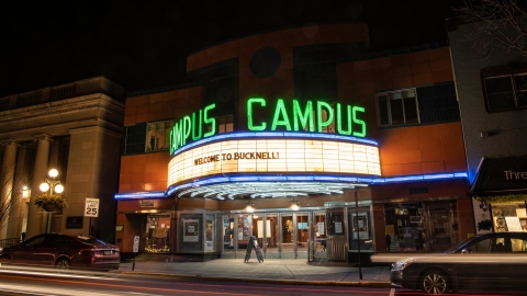 Campus Theatre marquee reads, "Welcome to Bucknell!"