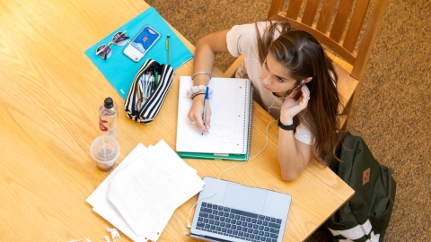 Bucknell University student in Bertrand library on reading day