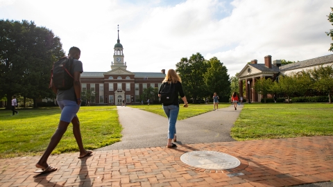 Two students walking on Malesardi Quad at Bucknell University