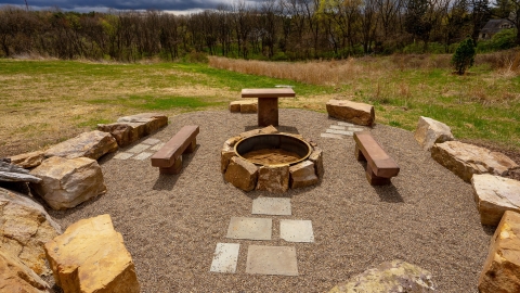 Bucknell&#039;s new fire pit, made from recycled material from past building projects.
