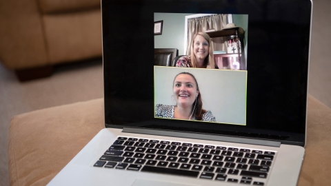A laptop showing a video call between Missy Gutkowski, director of the Center for Experiential Learning in the Freeman College of Management, and Tara Lahey '22.