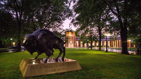 The Bucknell Bison statue stands in front of the Kenneth G. Langone Athletics & Recreation Center