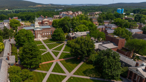 An aerial view of Malesardi Quadrangle shows Bertrand Library in the distance.