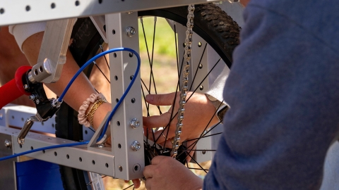 Detail of harvester wheel the senior design students created for the Bucknell Farm