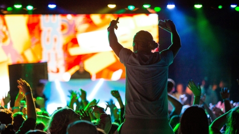 Students at a concert with one standing up. 