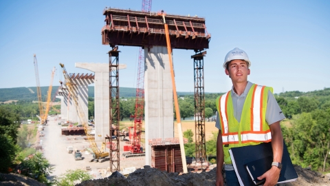 Student at the Route 15 bridge construction