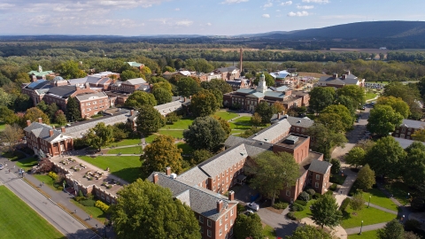 Aerial of campus around Malesardi Quad