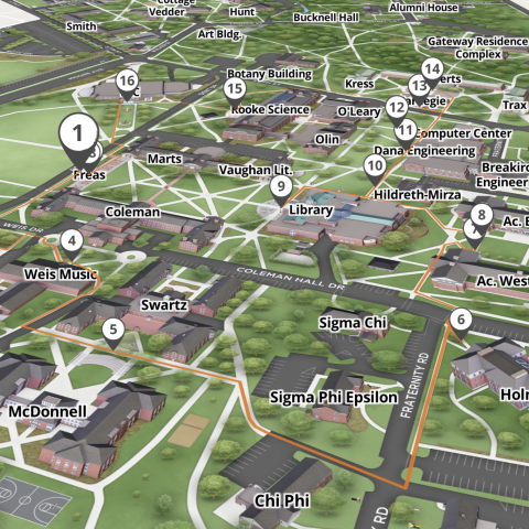 A Birds Eye view of the self guided tour showing the route across campus