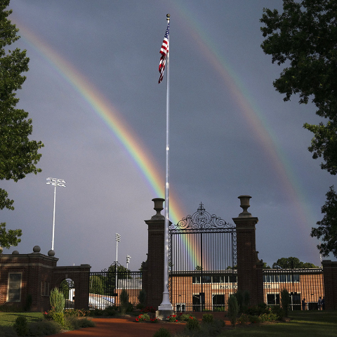 A double rainbow appears over Christy Mathewson Gates