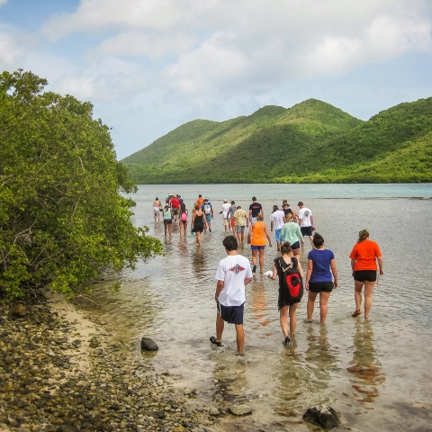 Students learning in the Susquehanna river