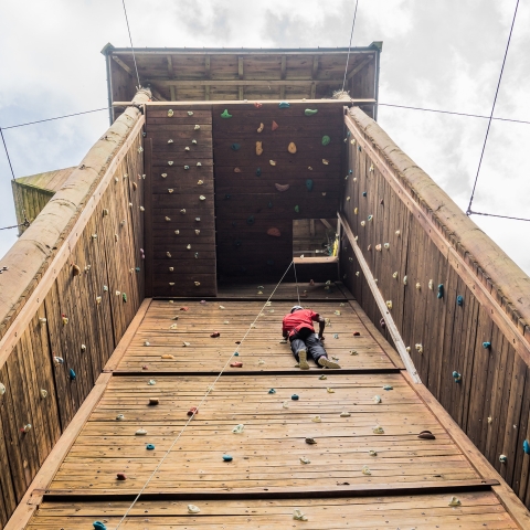 Student climbing rock wall