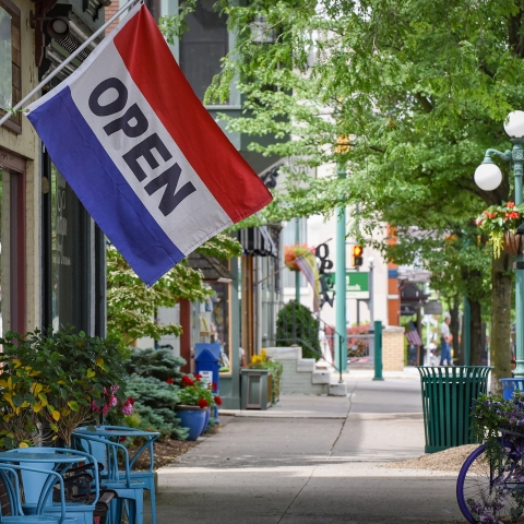 A shot of downtown Lewisburg with open signs