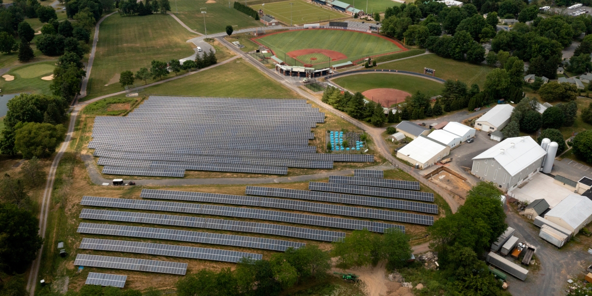 An aerial view of Bucknell's 1.76-peak megawatt solar array