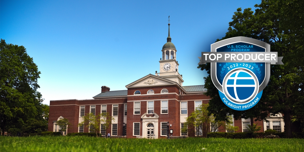 The Fulbright Top Producer emblem is laid over a photo of Bertrand Library