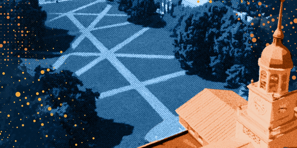 A blue and orange illustration of pathways on Malesardi Quad, with Bertrand Library in the lower right foreground.