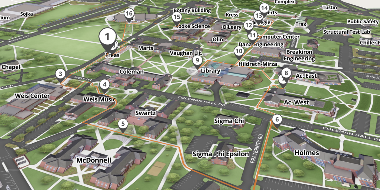 A Birds Eye view of the self guided tour showing the route across campus