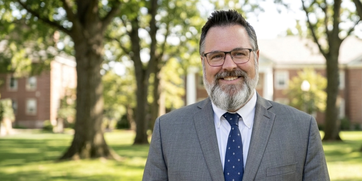 Portrait of Sean Schofield wearing a suit outdoors surrounded by trees.