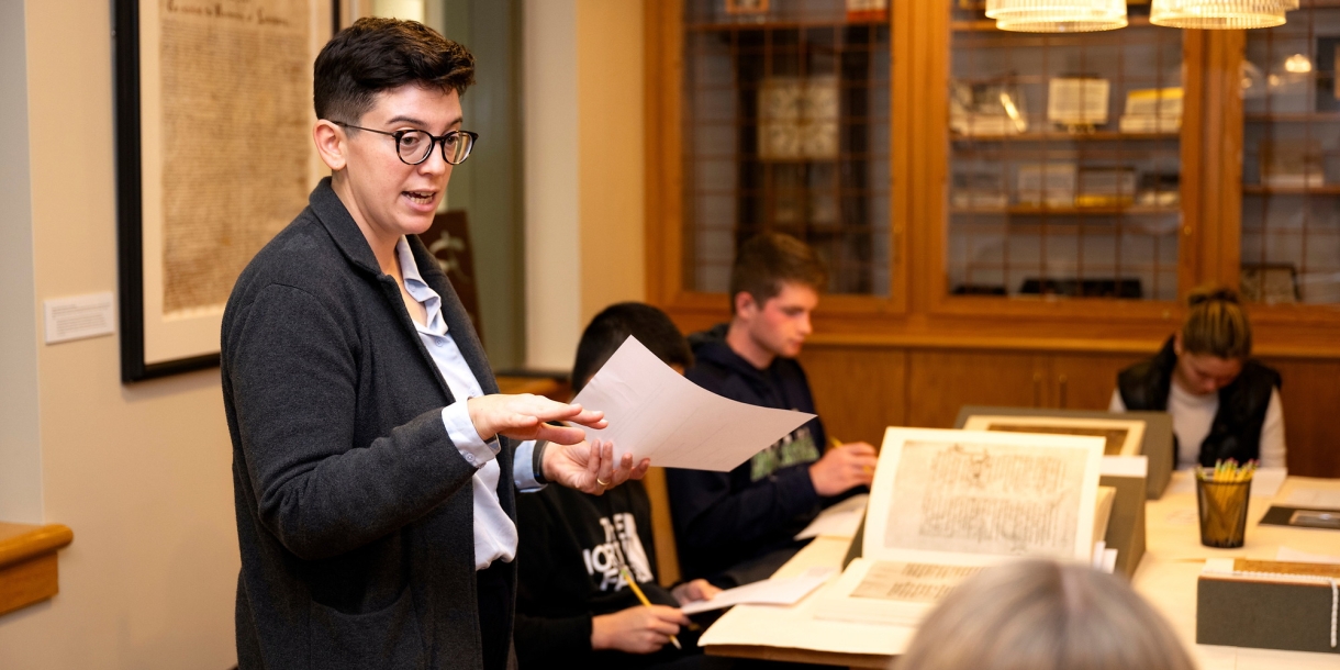 Professor Carly Boxer, art history, teaches a class in the university archives