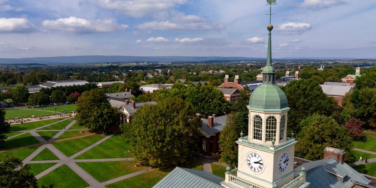 Aerial photo of the Bertrand Library clock tower and Malesardi Quad