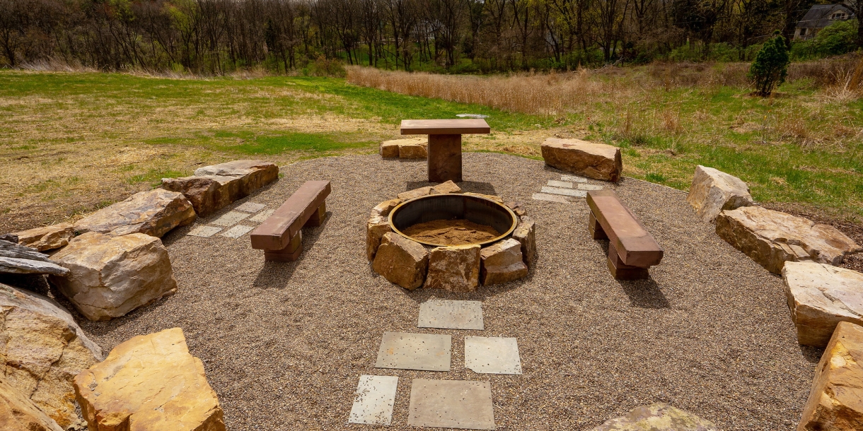 Bucknell&#039;s new fire pit, made from recycled material from past building projects.