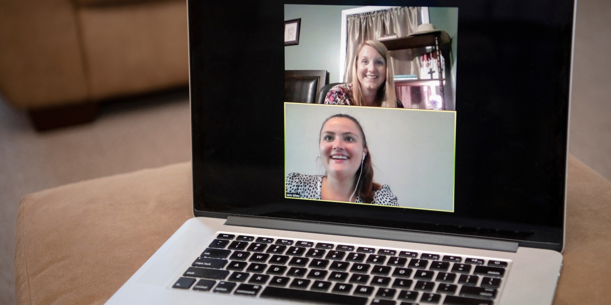 A laptop showing a video call between Missy Gutkowski, director of the Center for Experiential Learning in the Freeman College of Management, and Tara Lahey &#039;22.