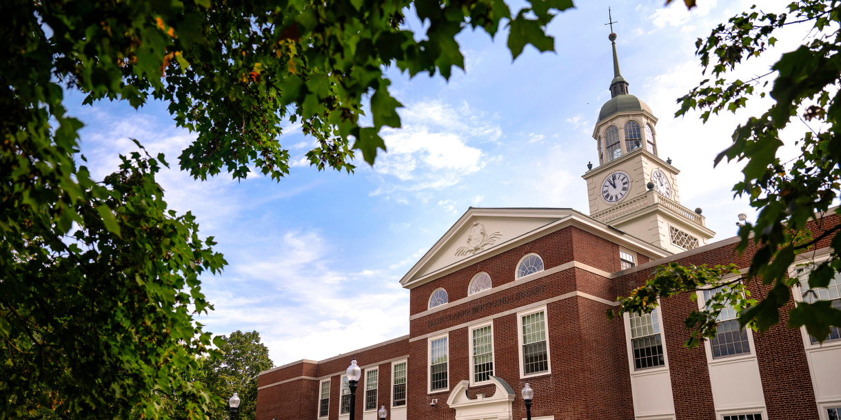 Exterior of Bertrand Library with a blue sky