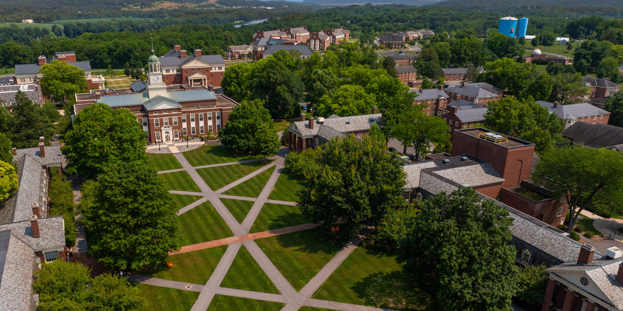 An aerial view of Malesardi Quadrangle shows Bertrand Library in the distance.