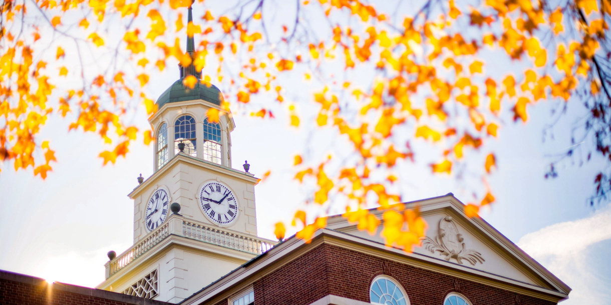 View of the clock tower on Bertrand Library at Bucknell University.