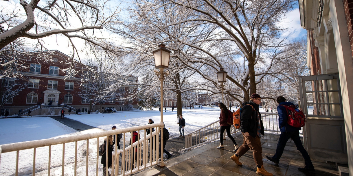 Students walking to class on snowy day