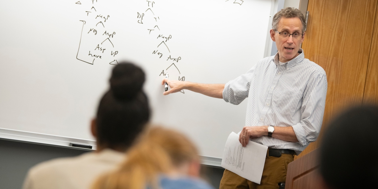 Professor teaching linguistics class