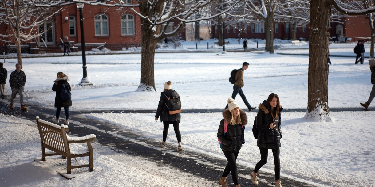Students walk to class on winter day