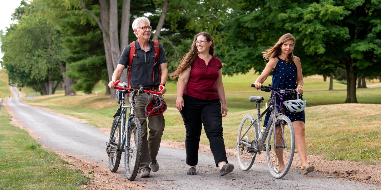 Bud Hiller, Jamie Piperberg and Claire Campbell walk the new Bucknell path