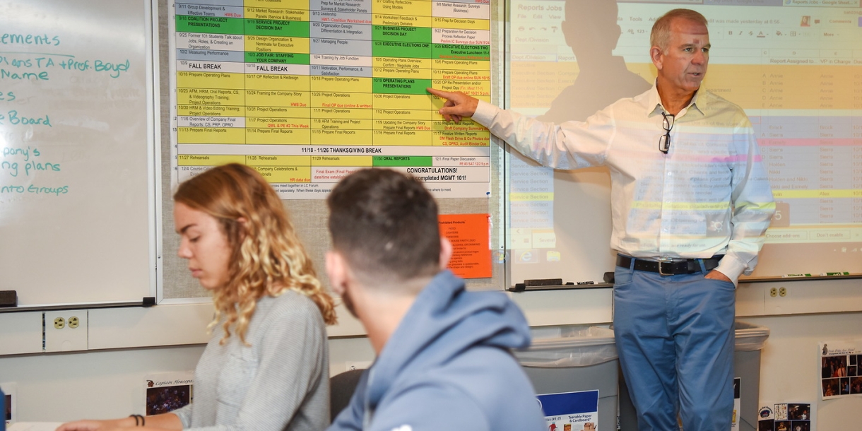 Professor reviews MGMT101 principles