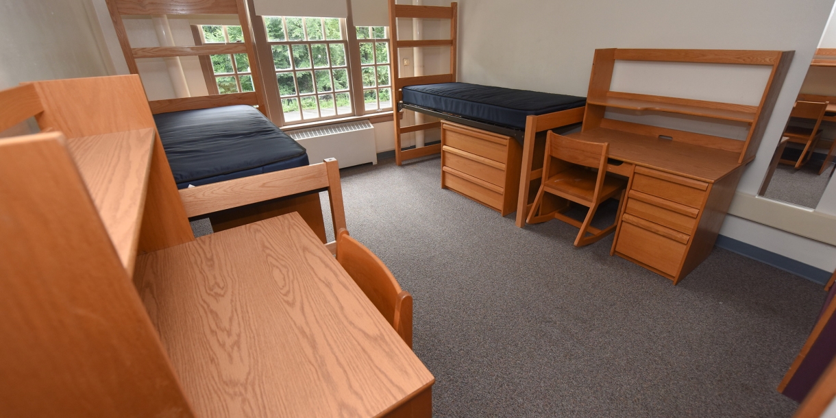 A vacant two student dorm room
