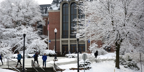 Exterior of Elaine Langone Center in winter