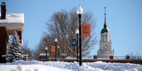 View of Bertrand Library clocktower in winter