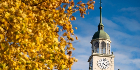 Bertrand Library clock tower with autumn leaves.