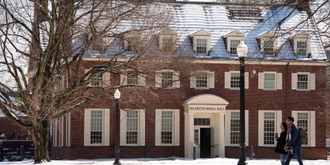 Exterior of Hildreth-Mirza Hall in winter