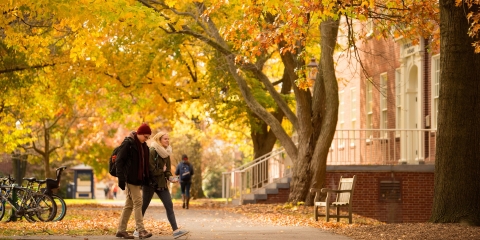 Students walking on campus with autumn leaves